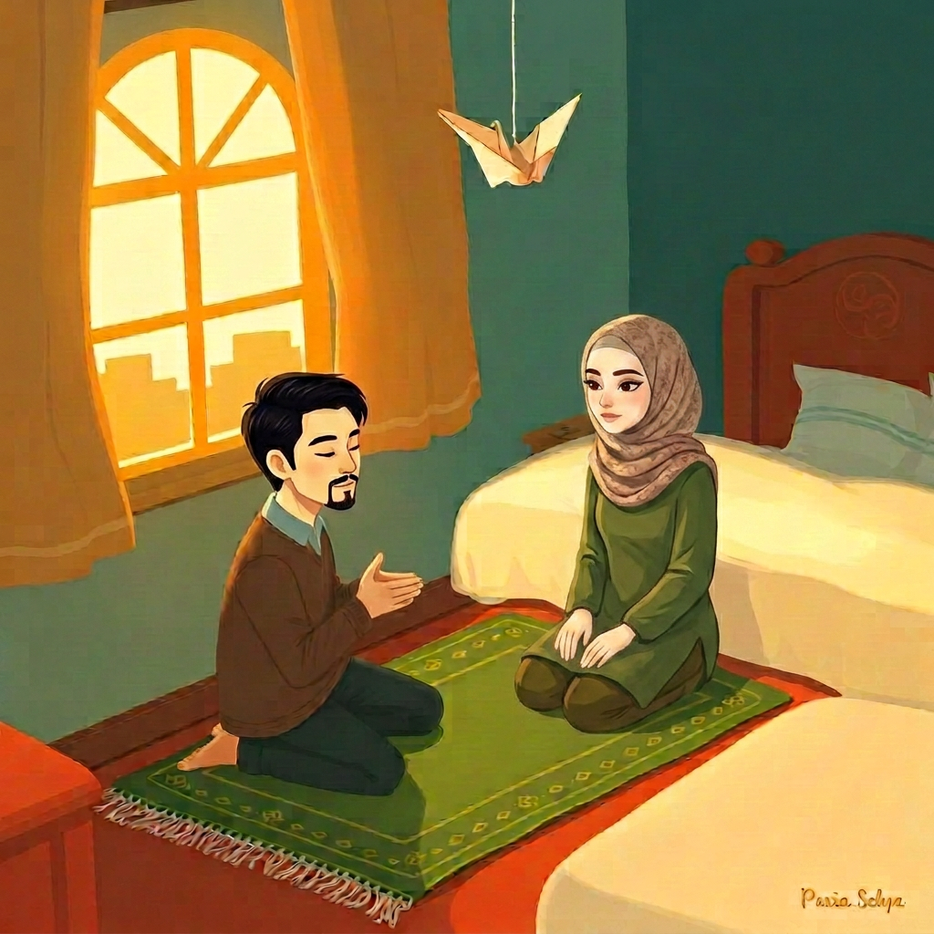A small hotel room at dusk, a prayer mat toward the window; a man and woman pray side by side; above them a softly glowing paper crane folding in half.