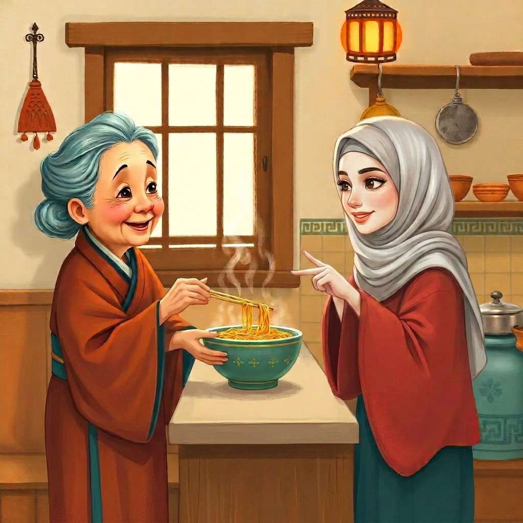 A tiny kitchen; a very small old woman proudly sets a steaming bowl before a surprised young woman, pointing at it then herself with a shy smile.