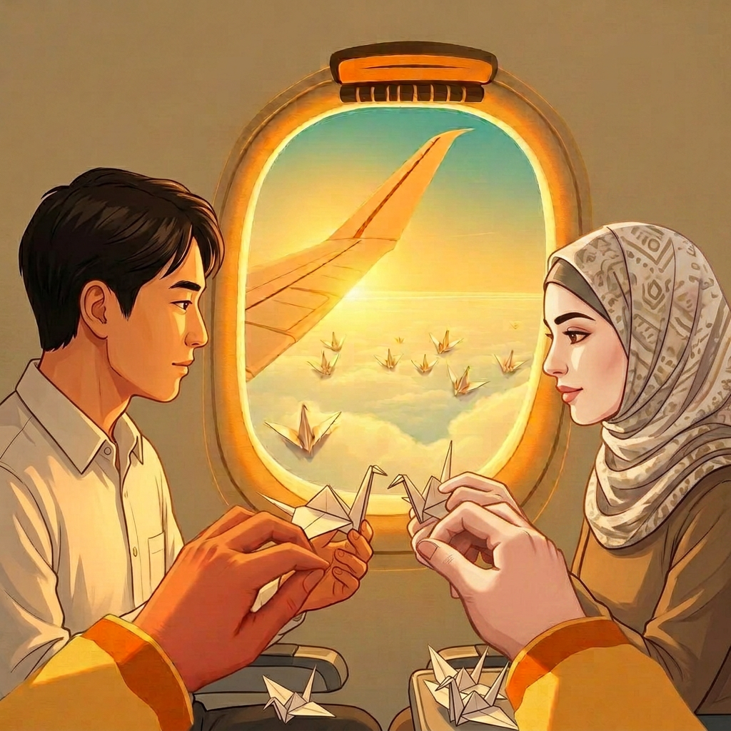 A plane window at sunrise, wing tipped gold; a small flock of paper cranes on the tray; two hands folding a new one.