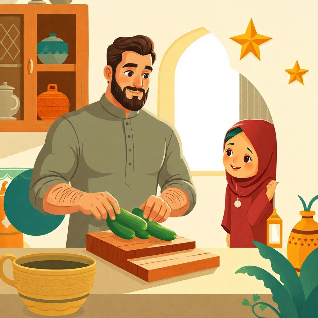 A sunny kitchen at midday; a warm-eyed uncle with a neat beard happily chops cucumbers while a curious little girl peeks around the doorway; a small paper crescent and eight-point star on the wall.