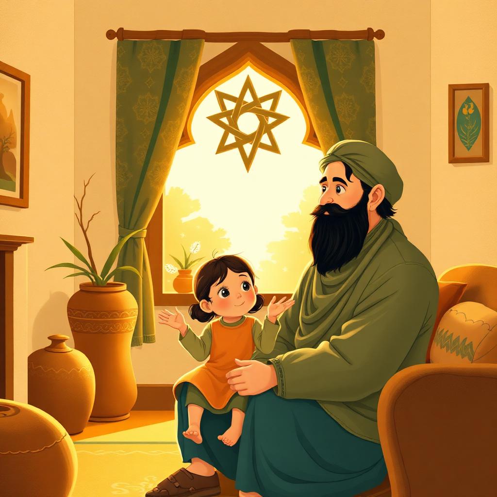 A cosy living room; a girl sits on her father's knee mid-question, hands open; afternoon light through a window.