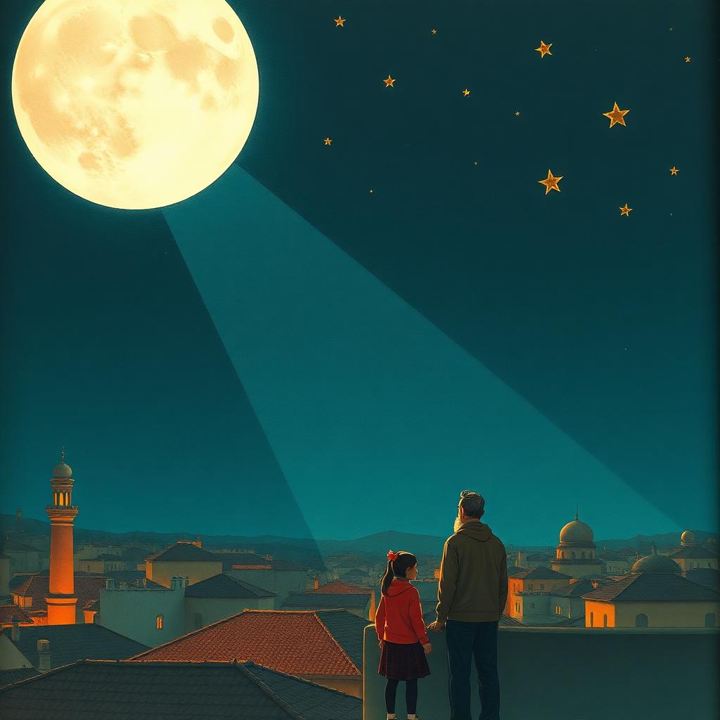 A deep navy night sky filled with a huge round bright-white full moon pouring silver light over rooftops; a girl and her father watch from a window.