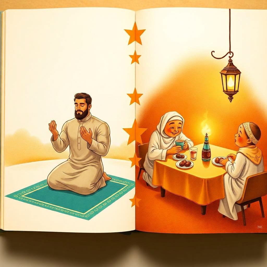 Split scene of dawn and dusk; a man raising open hands in prayer at Fajr, and a family breaking fast with dates at Maghrib; warm gold tones.