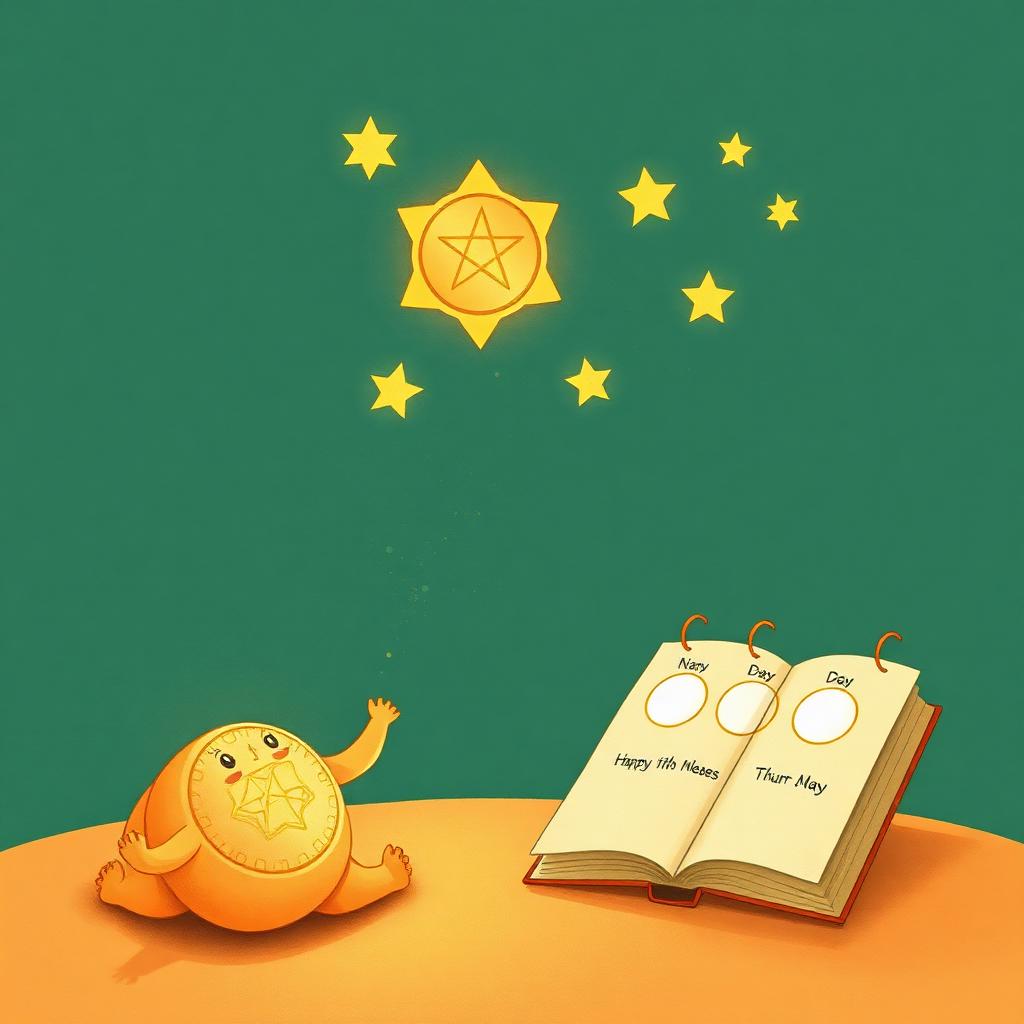A child's wonder: one glowing coin becoming ten glowing eight-point stars; a calendar with three moon-marked days; cosy warm colours.