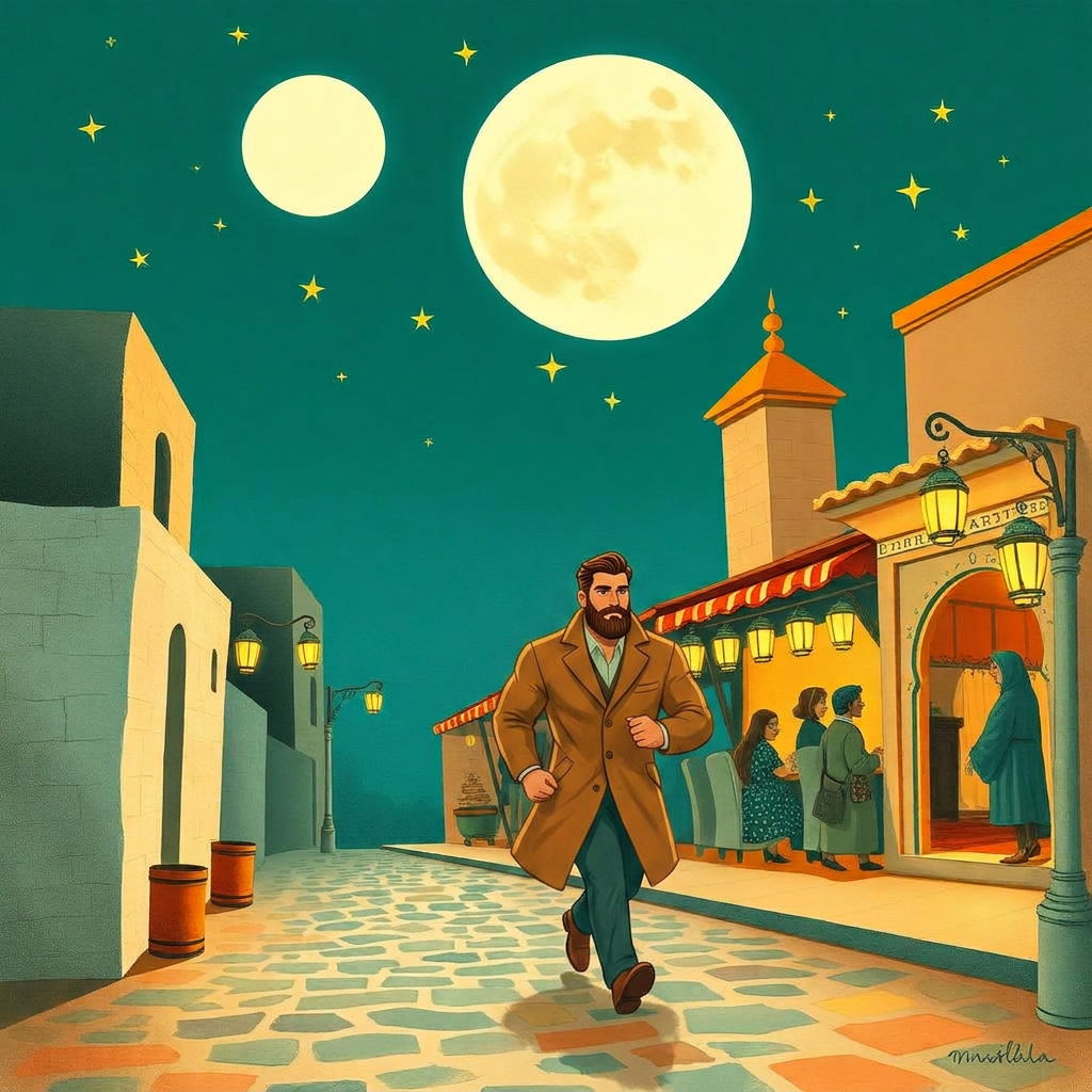 Early evening street; the uncle in a coat hurrying happily toward a little restaurant glowing with lanterns where neighbours gather; a full white moon rising.