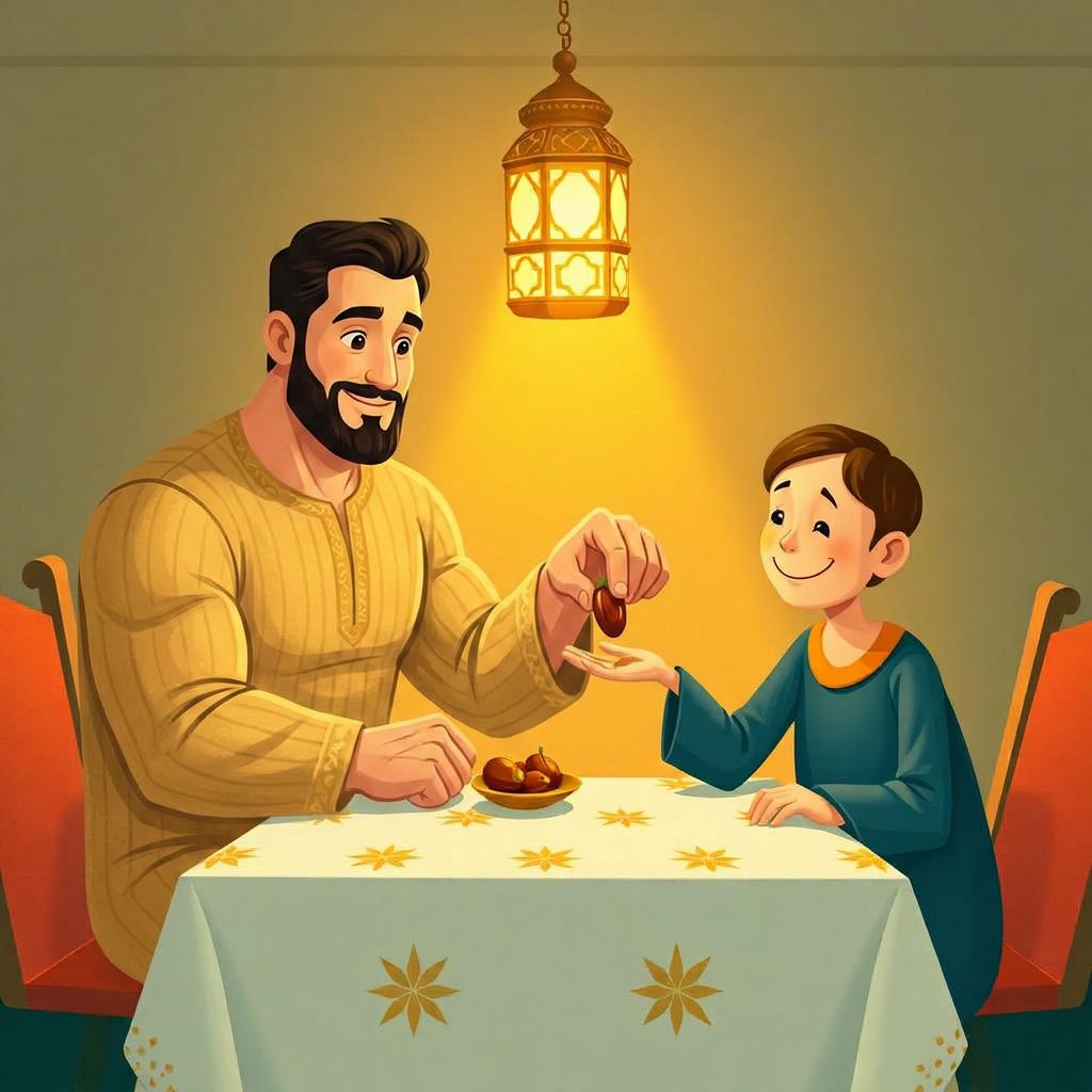 Warm restaurant table; the uncle gently placing a date into a smiling neighbour's hand; golden light, lanterns, an eight-point star pattern on the cloth.