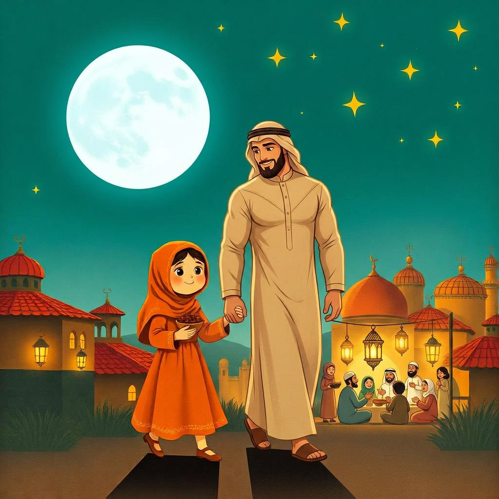 Night; a little girl holding a bowl of dates walks hand-in-hand with her uncle beneath an enormous glowing white full moon toward a lantern-lit gathering.