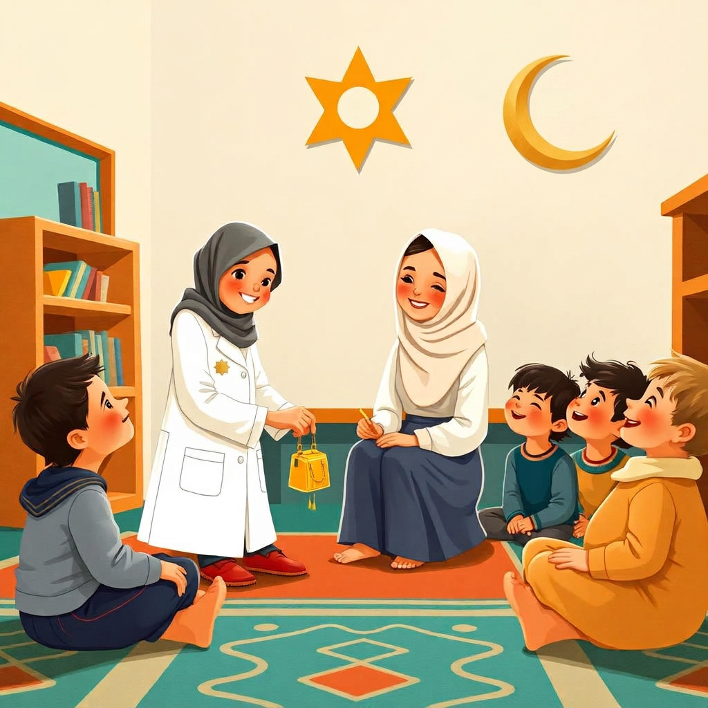 A bright classroom; a kind female Muslim doctor in a white coat and hijab smiles as she sets down a little jingly bag; happy children sit cross-legged around her; gold eight-point star on the wall.