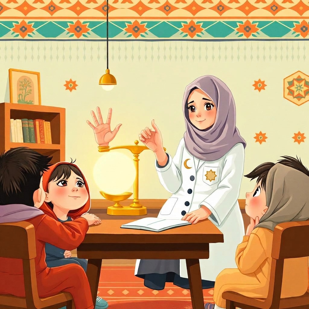 A cosy classroom; the doctor holds up two fingers showing 'half' while wide-eyed children listen; a set of golden scales glows softly in the background.