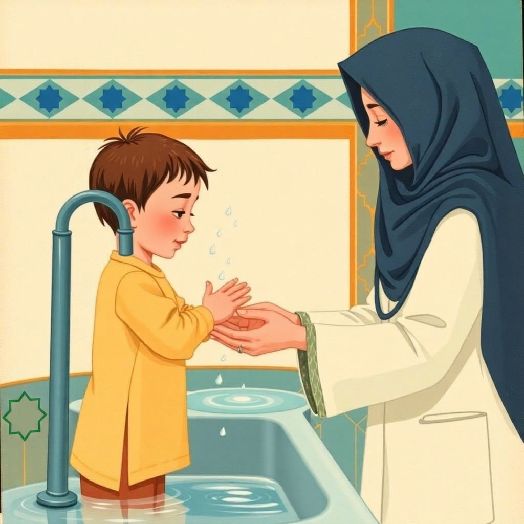 A child washing arms and hands for wudu at a gently running tap, sparkling water droplets; the doctor guiding kindly; warm teal and gold tones.