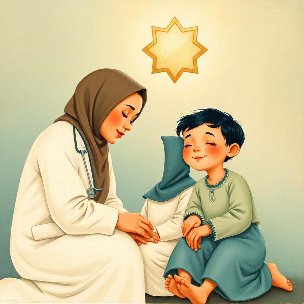 A tender moment; the doctor leans close to the children; above them a soft glow and gold eight-point stars; a child in fresh clean clothes smiling.