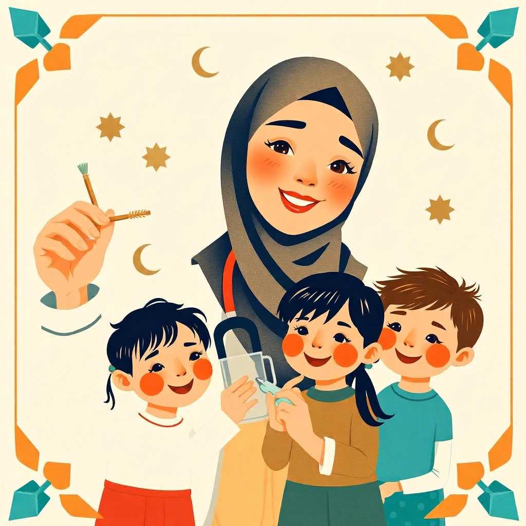 The doctor holds up a small natural miswak twig for brushing teeth and tiny nail clippers; children copy happily; sparkles around clean smiles.