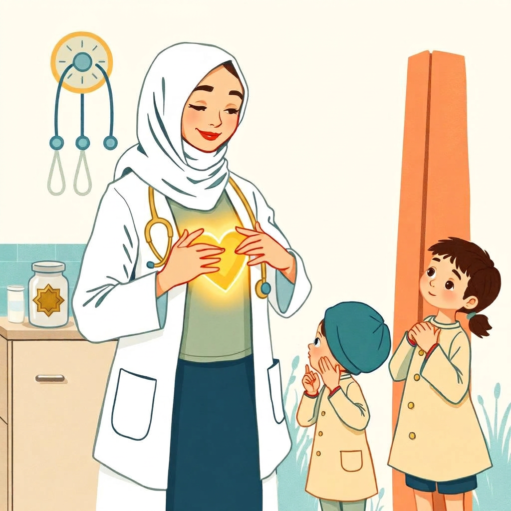 The doctor sets down her cleaning things and points gently to her chest, where a warm glowing heart shines; children touch their own chests thoughtfully.