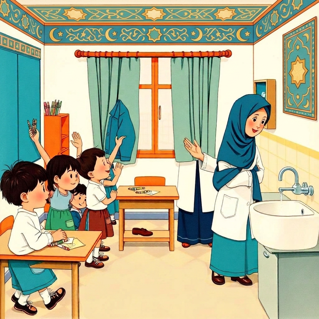 Children happily tidying a classroom — picking up crayons, wiping a spill, hanging a jacket, washing hands at the tap — the room now sparkling; the doctor claps proudly.