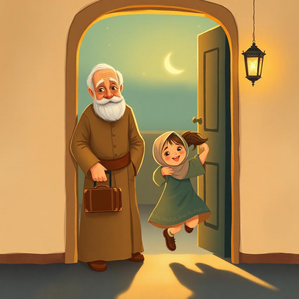 A warm doorway at evening. A small neat old man with a silver beard and a kind face steps inside with one small suitcase, as two excited children run to hug him.