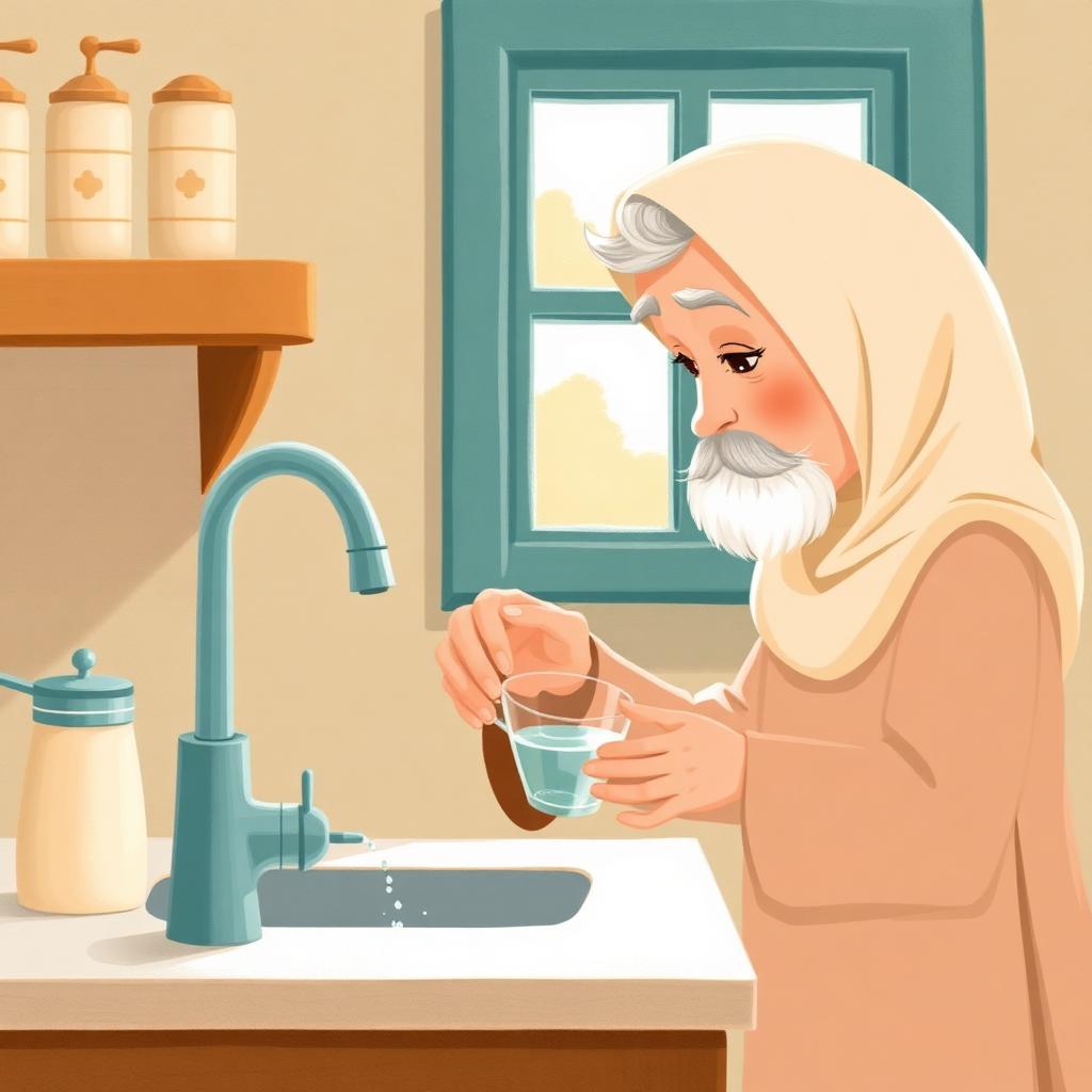 A kitchen tap running while a small girl watches an old man gently turn it down to a trickle, filling only half a cup of water.