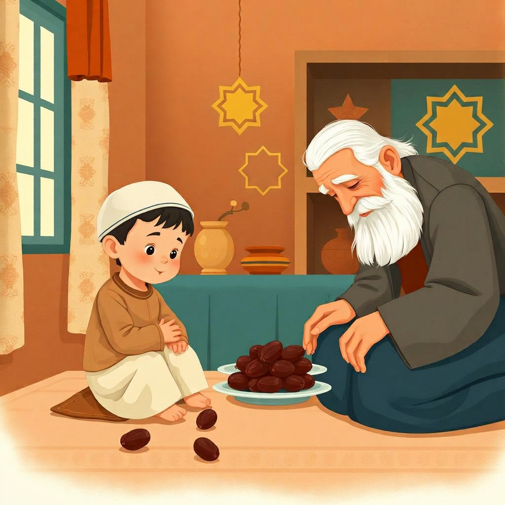 A small boy at a table looking down at a single date fallen on the floor, while a gentle old man reaches to pick it up.