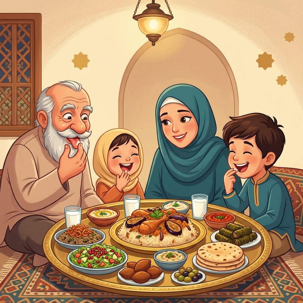 A cheerful family meal; an old man happily licking rice from his fingertips while two children copy him, laughing.