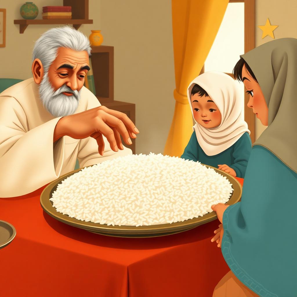 A large shared plate of food; an old man's hand taking food from the edge while a child reaches for the middle, gently guided away.
