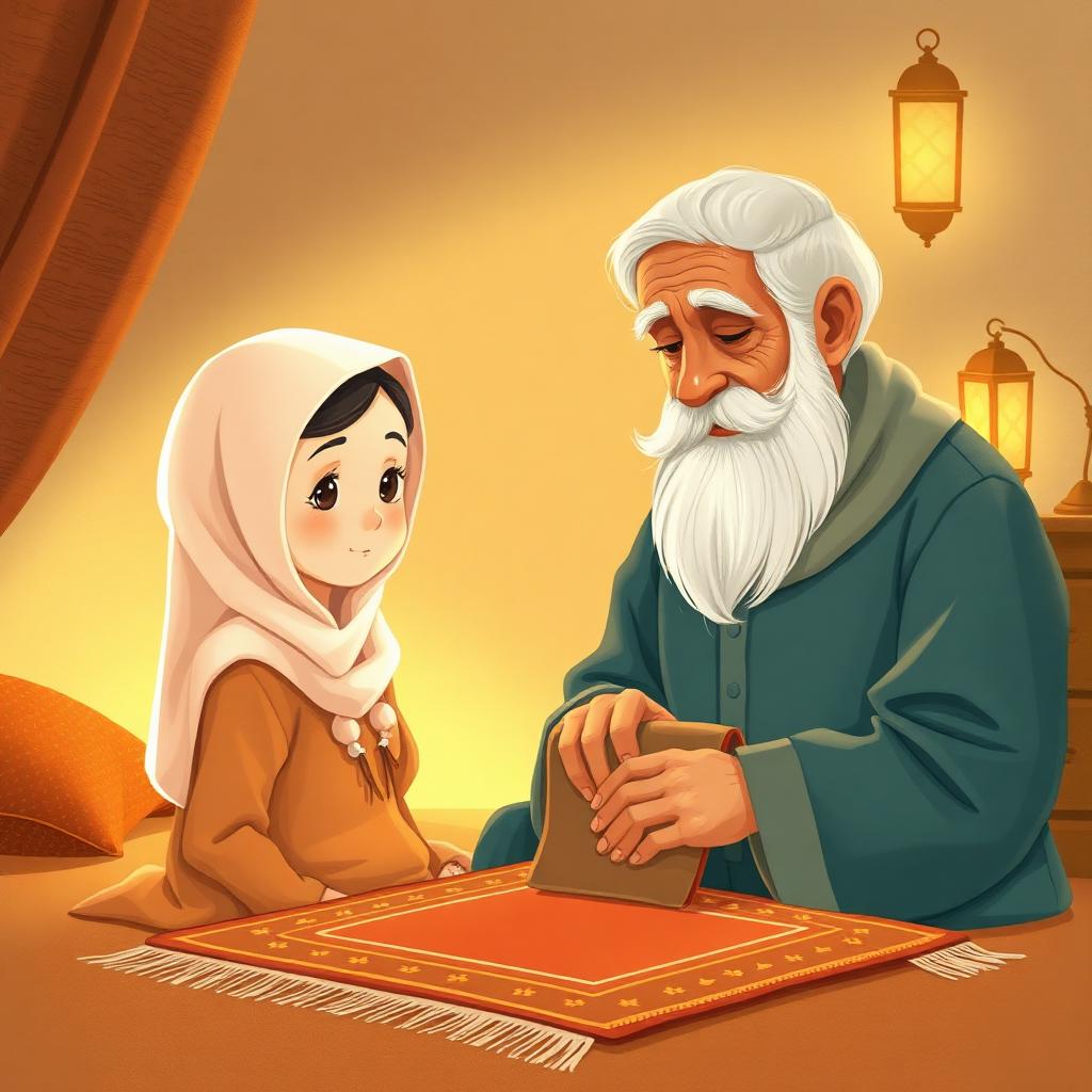 A quiet evening; a little girl looking thoughtfully at her grandfather as he folds his prayer mat neatly, a soft golden glow around them.
