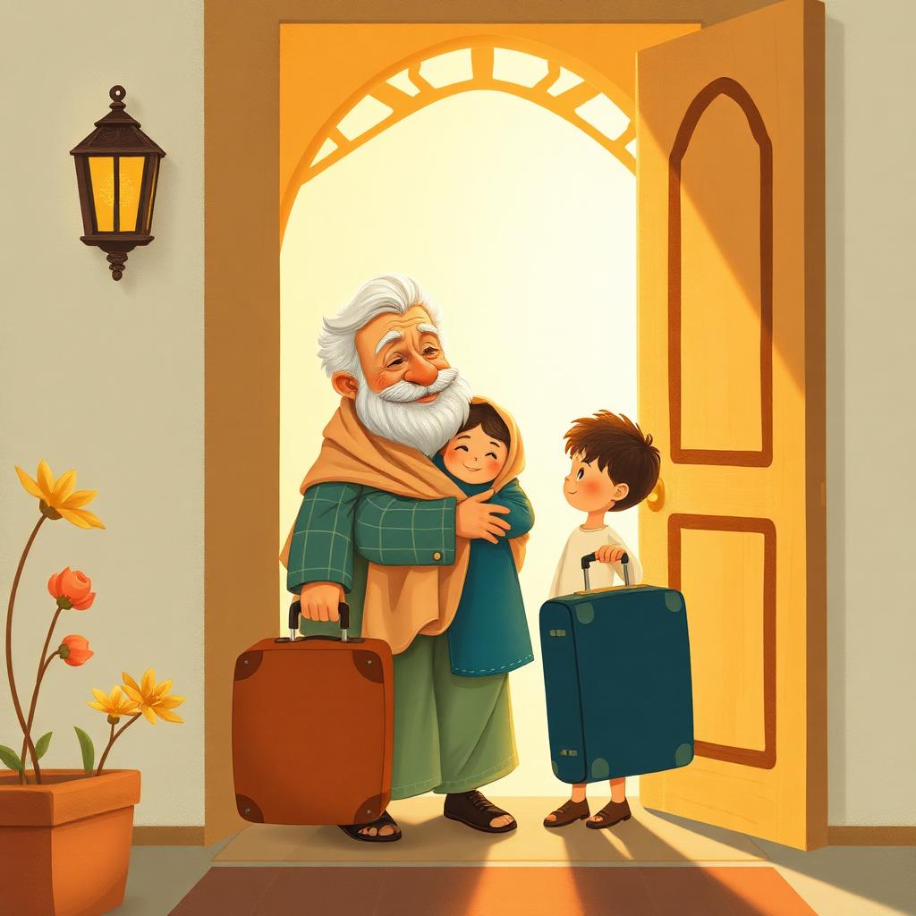Morning goodbye at the door; the old man with his single small suitcase hugging two children, golden light pouring in.