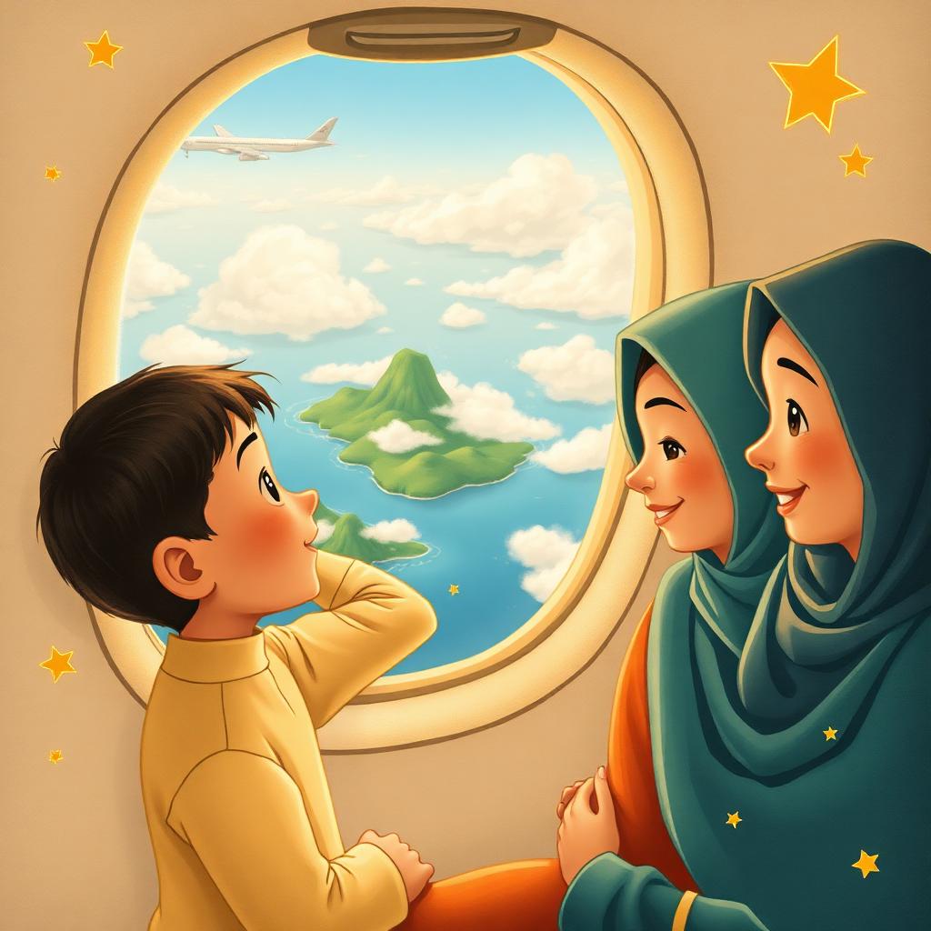 A little boy pressing his face to an airplane window, looking down at green islands and blue sea, his parents smiling beside him.