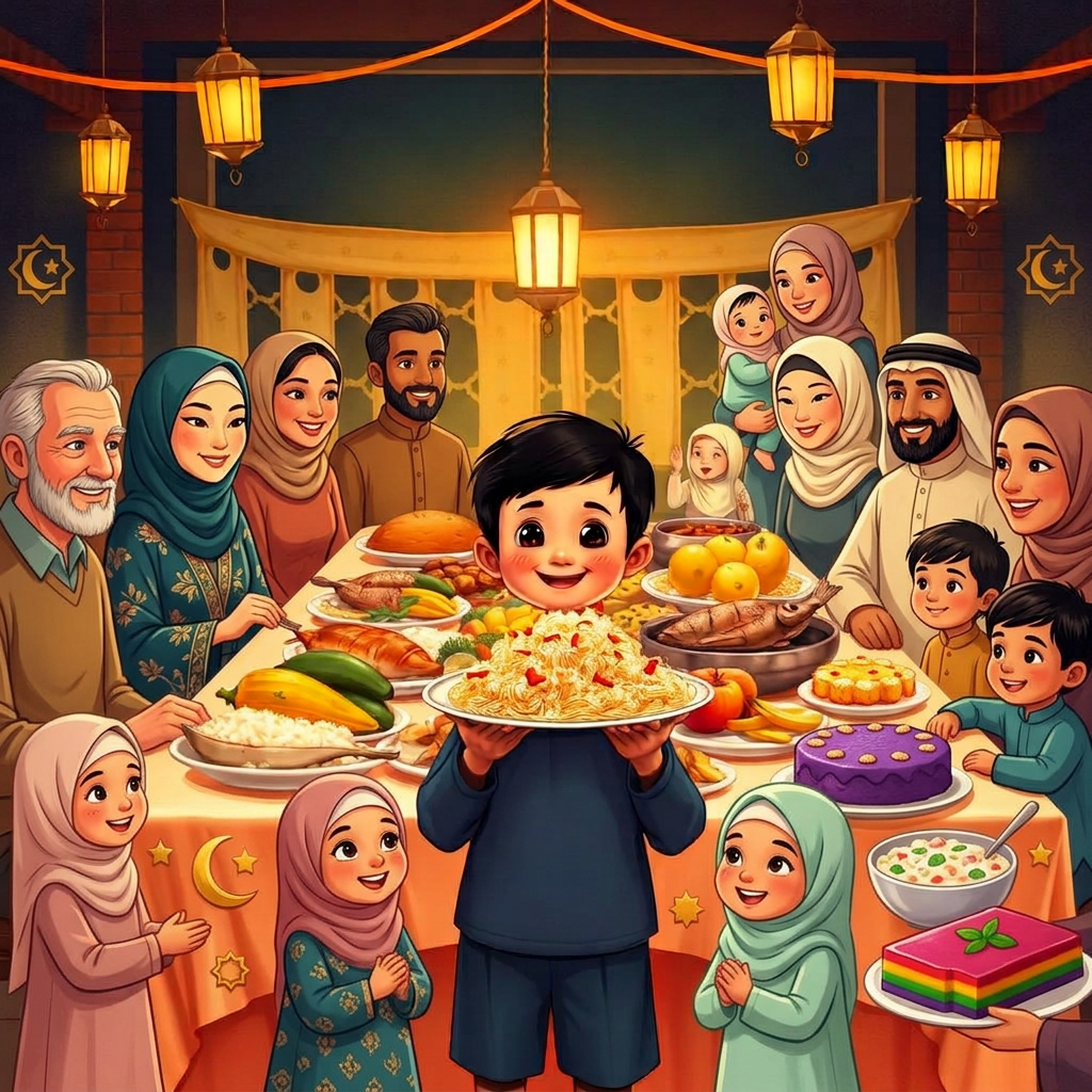 A long table covered with colorful Filipino food, a joyful family gathered around for a get-together, a little boy's eyes wide with excitement.