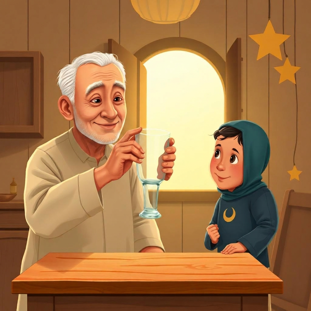 A gentle old man holding up an empty glass, showing a curious little boy how to divide it into three parts with his hand.