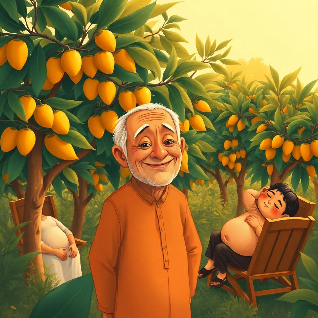 An old man standing tall and light on his feet in a garden, while nearby family members doze heavily in chairs after a big meal.
