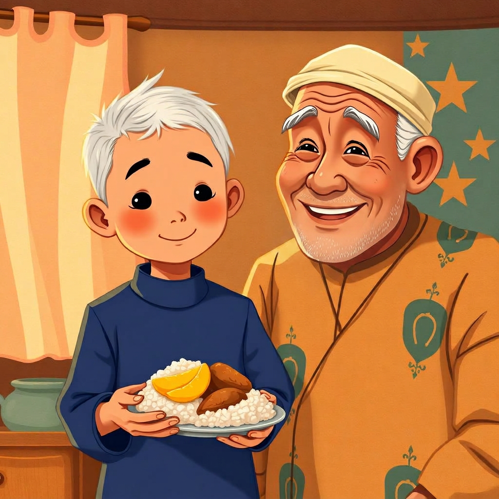 A little boy proudly holding a small plate with a sensible amount of food, an old man beside him giving an approving nod.