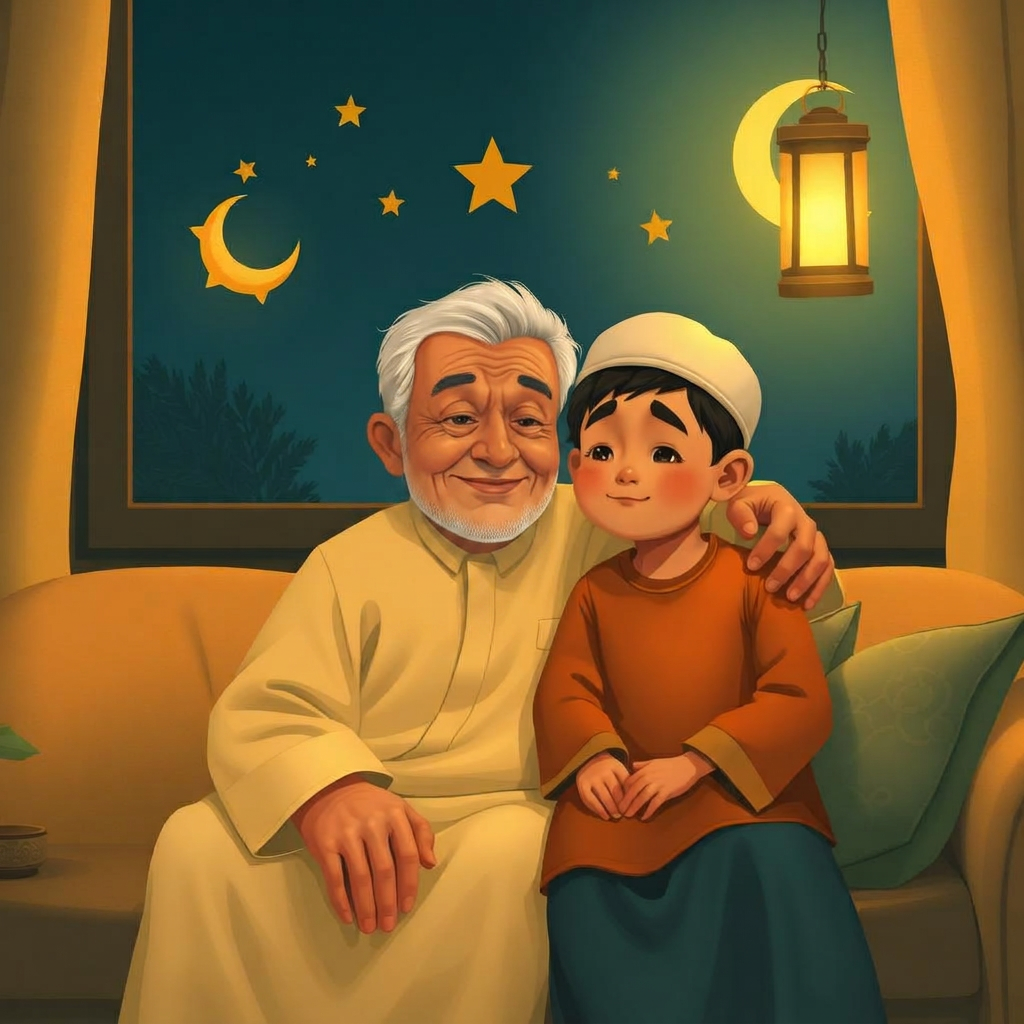 A quiet evening scene, an old man and a small boy sitting together, the old man's hand resting kindly on the boy's head.