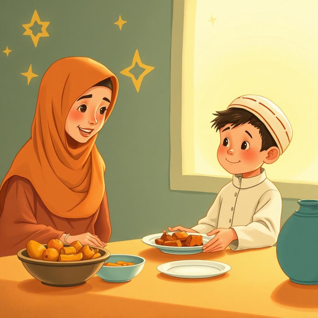 A little boy back home at his own dinner table, choosing a small plate and smiling, a warm golden glow around him.