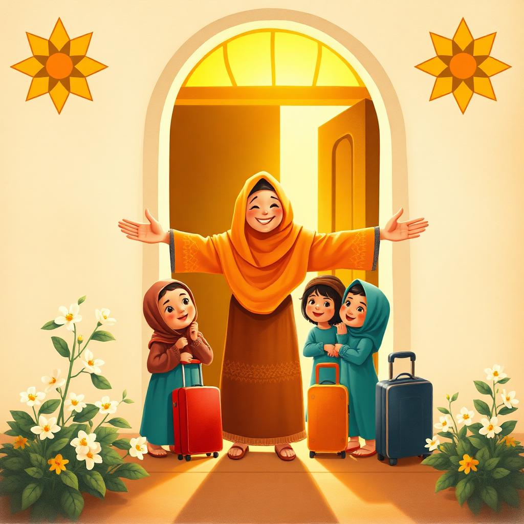 A joyful aunt in a colorful hijab opening her arms wide at a sunny doorway, welcoming a group of excited children with suitcases.