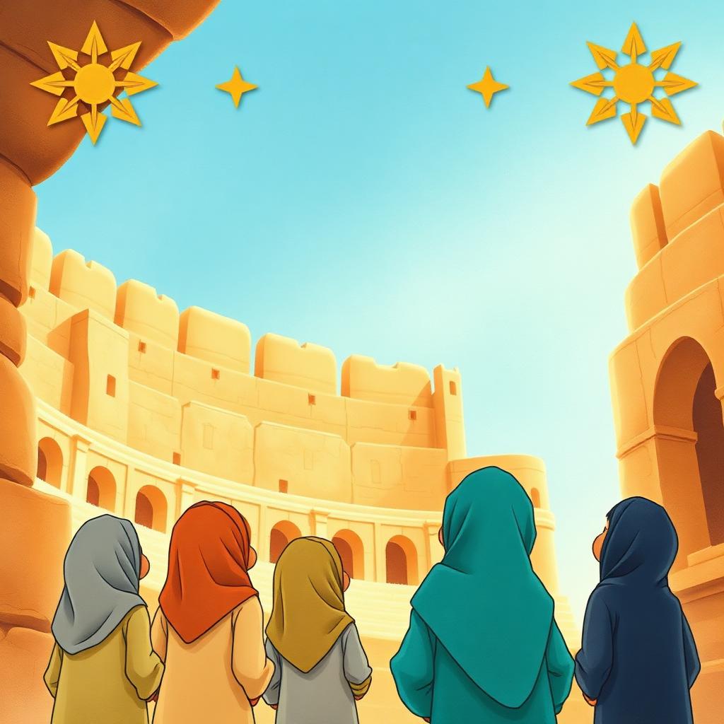 Children gazing up in awe at an enormous ancient stone amphitheatre with tall arches against a bright blue sky.