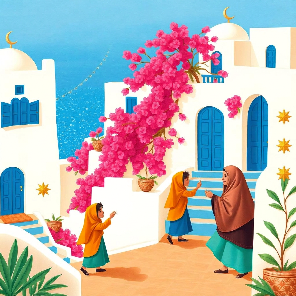 A pretty hilltop town of white houses with bright blue doors and windows overlooking a sparkling blue sea, children exploring the steps.