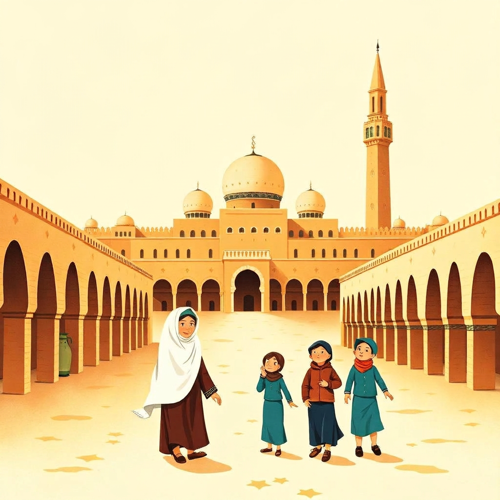 A warm golden ancient city with a great mosque, tall minaret, and rounded arches, children walking through with their aunt.