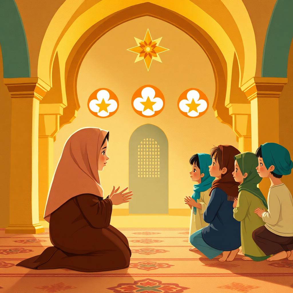 An aunt kneeling to speak warmly to a circle of listening children inside a peaceful old mosque with soft golden light.
