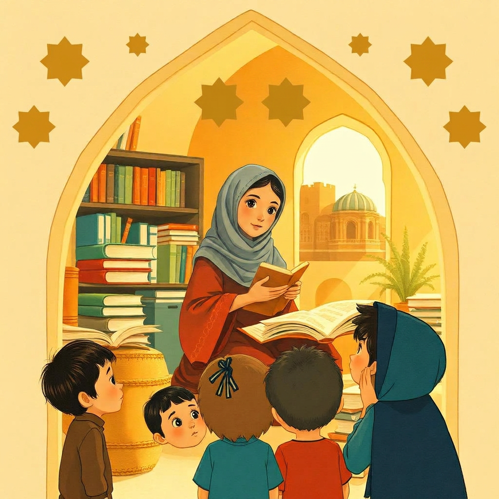 A warm imagined scene of a young woman with books founding a school long ago, children listening to the story wide-eyed.