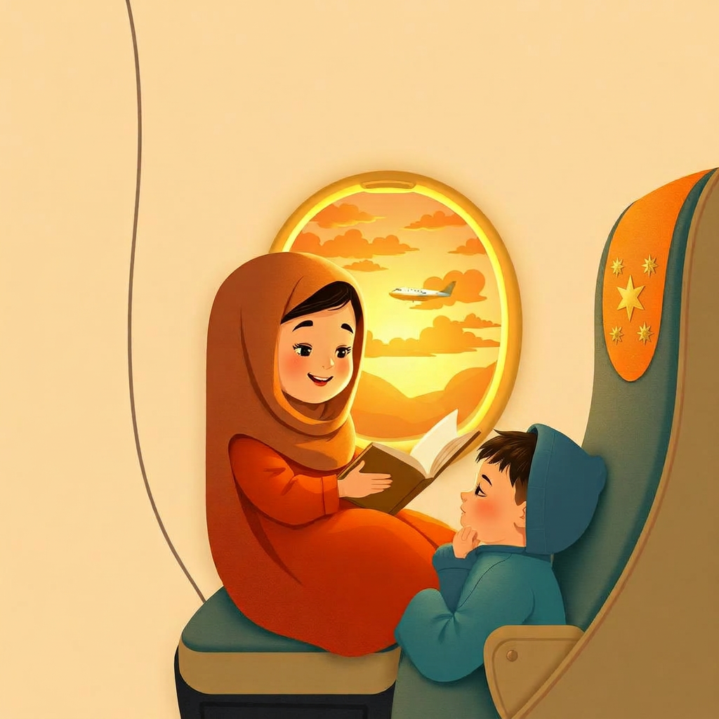 Children on a plane home at sunset, one girl happily reading a book, a warm golden glow filling the cabin.