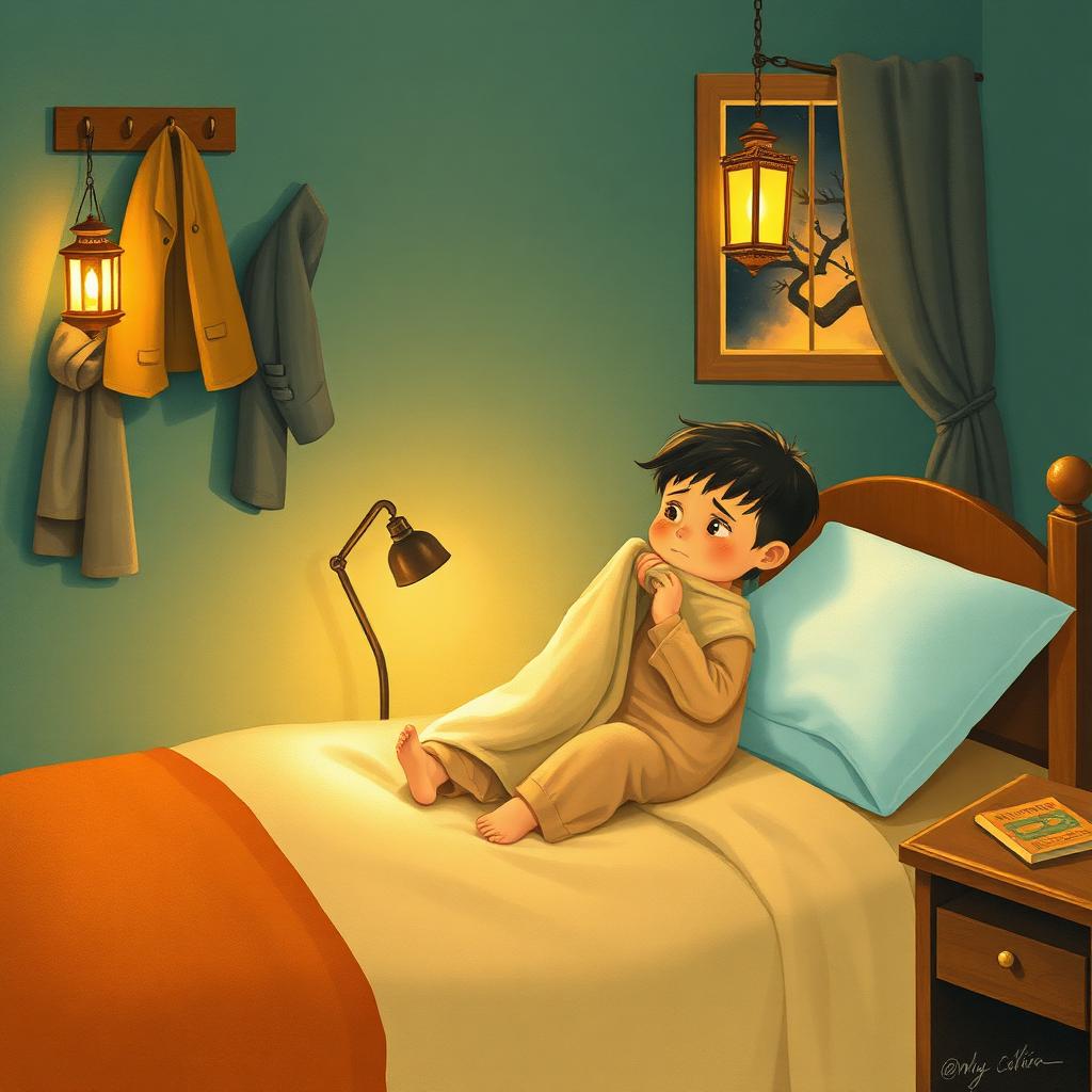 A cozy child's bedroom at night, a small boy sitting up in bed looking worriedly at soft shadows on the wall, warm lamplight glowing.
