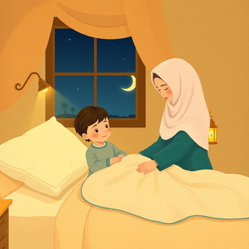 A mother and small boy gently patting and smoothing the bedsheets together in a warm lamplit room.