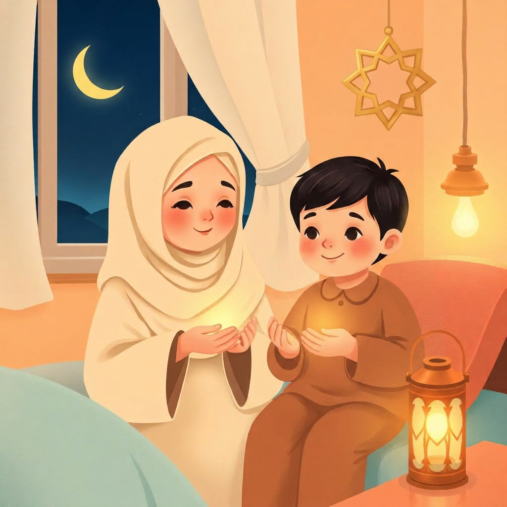 A warm close-up of a mother cupping her hands together beside her smiling child in bed, soft golden light gathering in her palms.