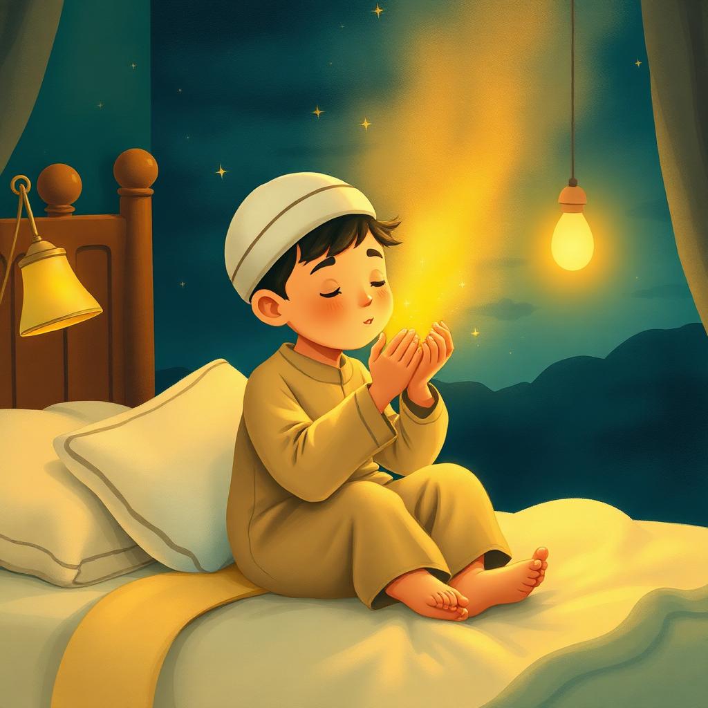 A small boy gently blowing into his cupped hands and wiping them over his head, a soft golden glow spreading over him like a blanket of light.
