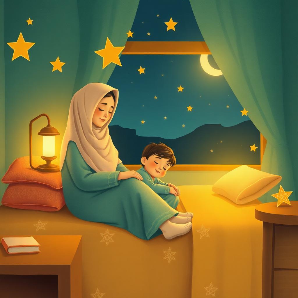 A peaceful mother and child in soft lamplight, the child calm and sleepy, gold stars glowing gently around the room.