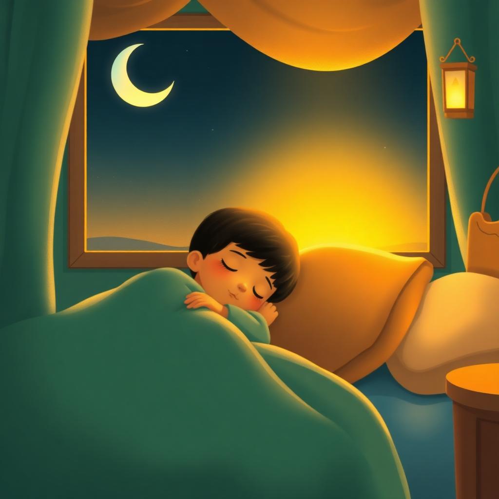 A sleepy boy curled on his right side under a cozy blanket, a tiny golden Kaaba shape and a crescent glowing softly through the window.