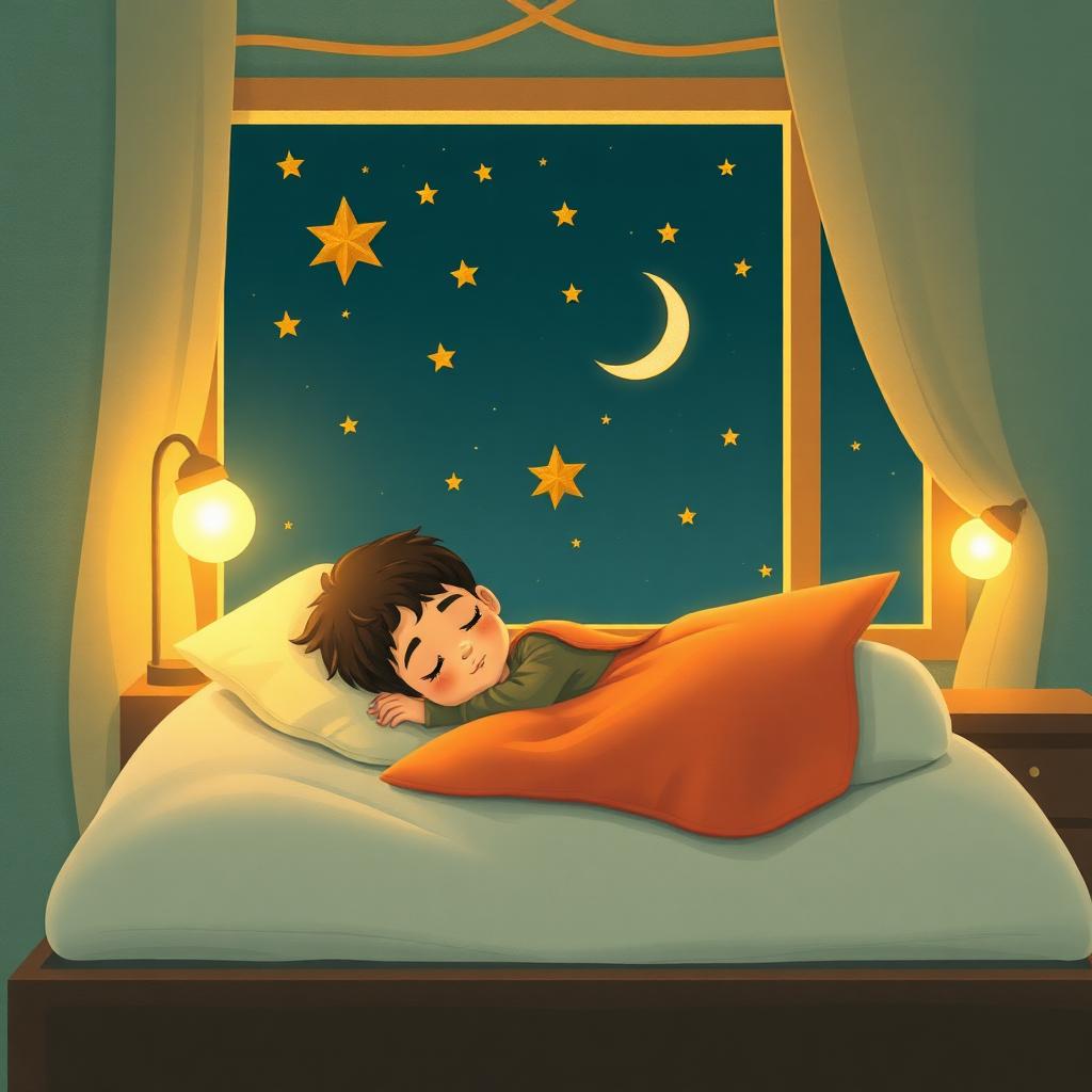 A peacefully sleeping child under a starry window, a gentle golden glow of protection surrounding the whole bed.