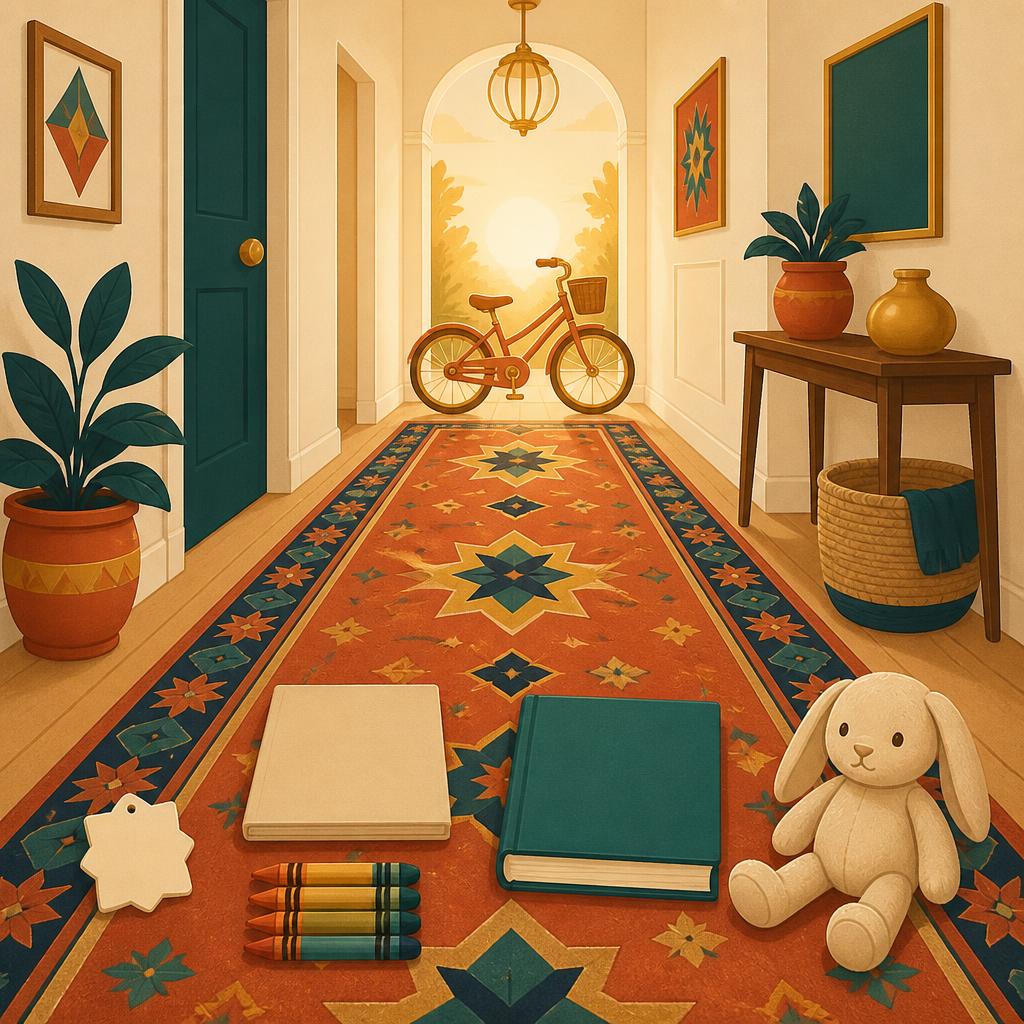 A hallway lined with wrapped gifts
