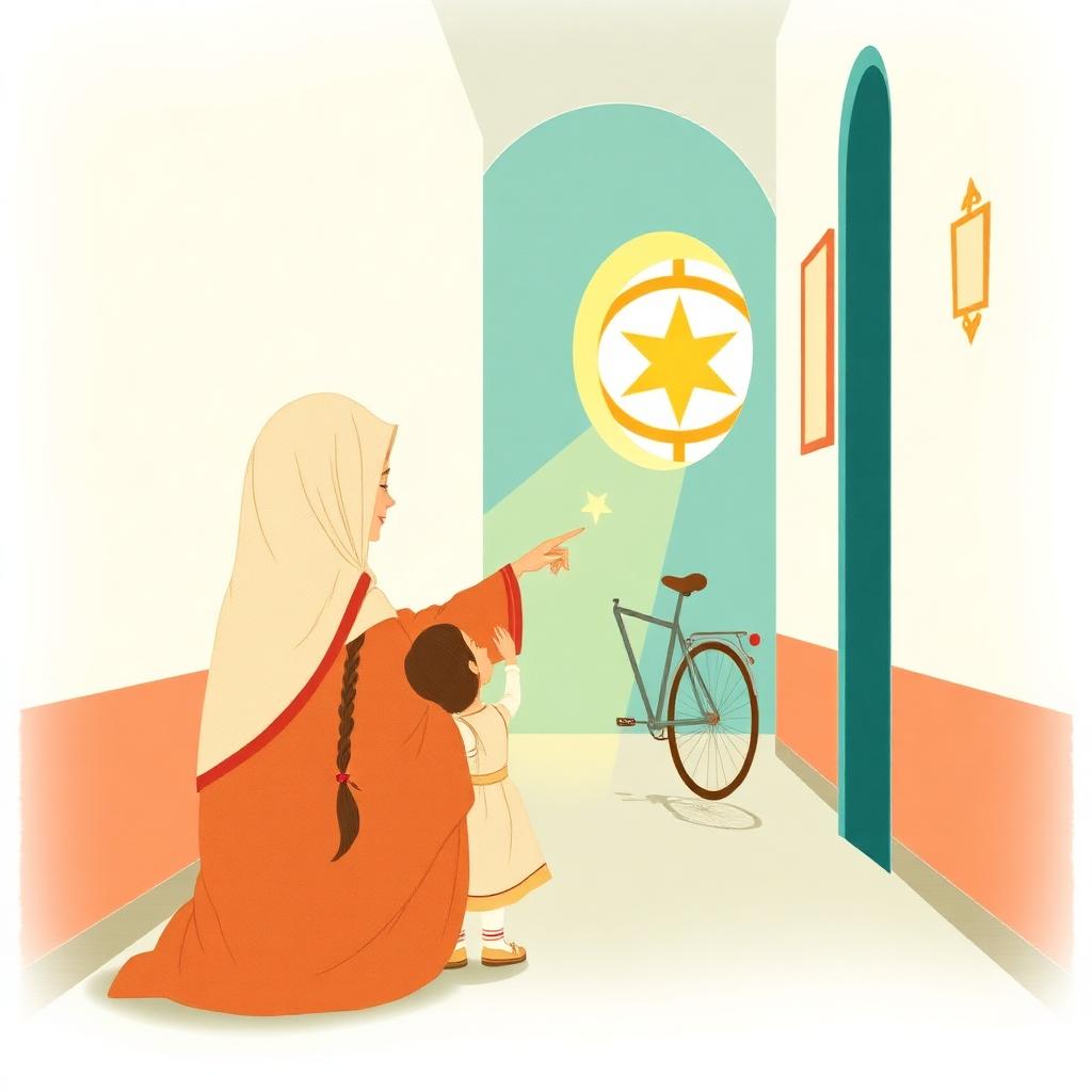 Mama points to the bicycle at the end of the hall