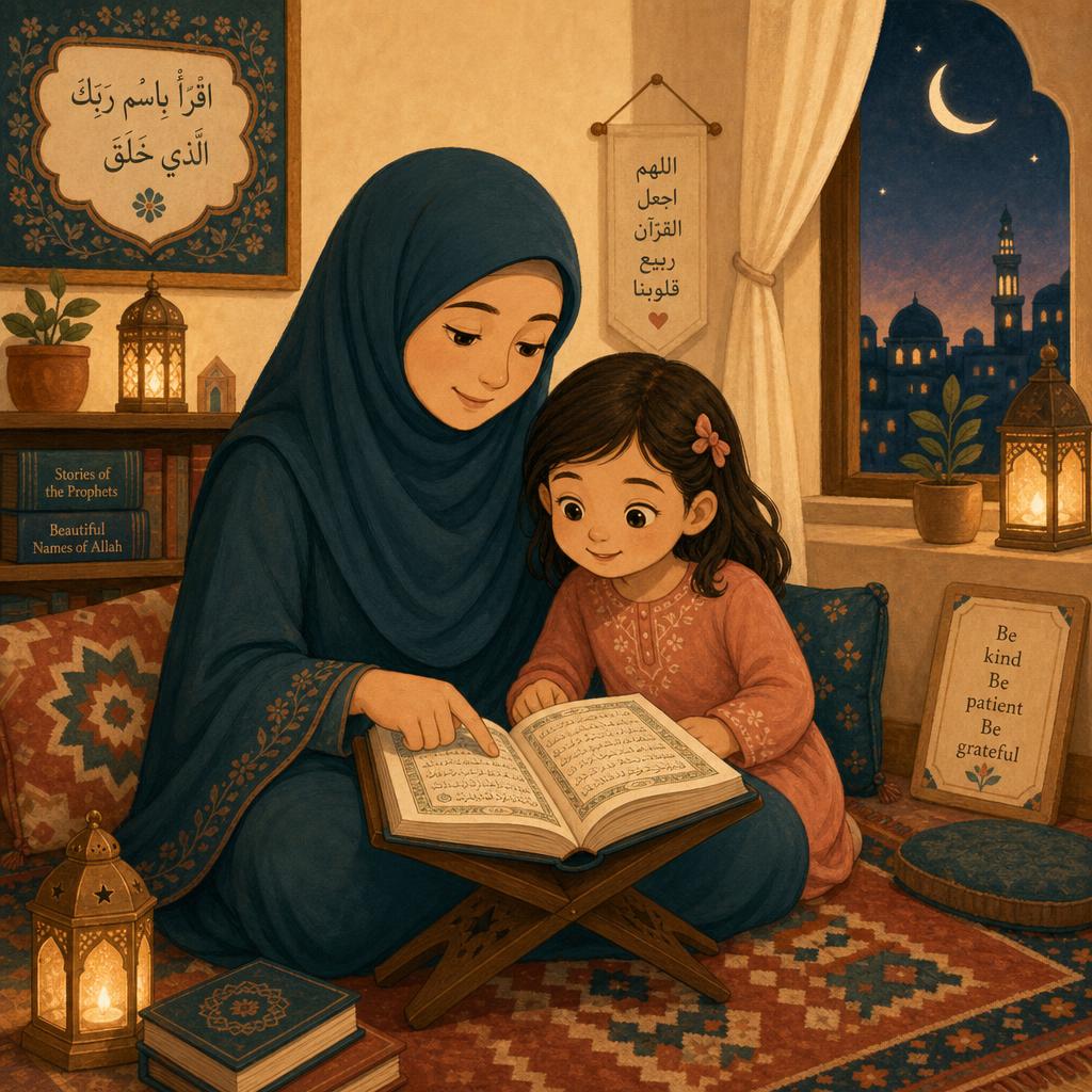 Mother and daughter reading the Quran together
