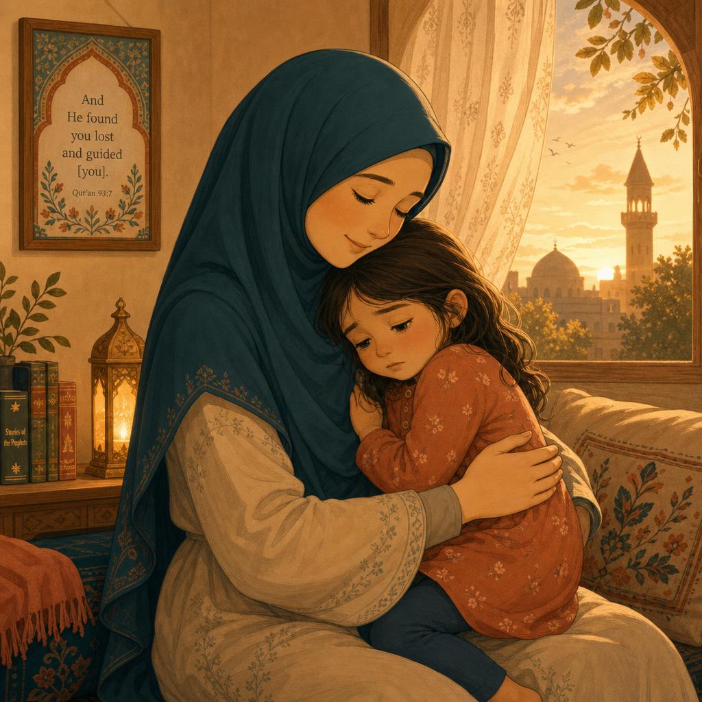 Mama holds a tired Saffiyah in the late afternoon light